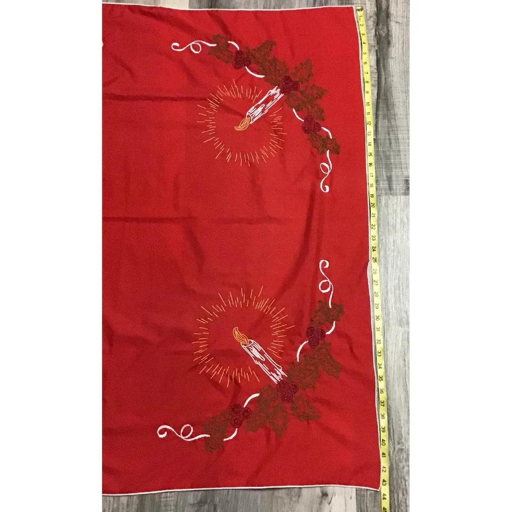 VTG 50's Christmas Tablecloth Red Embroidered Candles Holly 42x42 MCM Whimsical